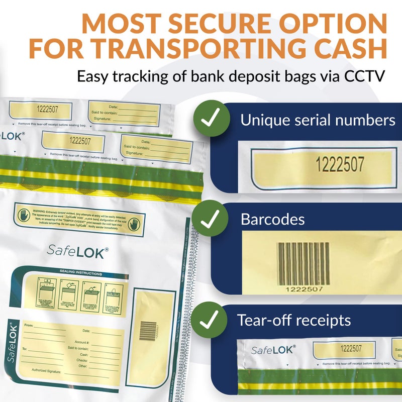 ControlTek SafeLok 9" x 12", White, 100 Bags, Tamper-Evident Deposit Bags for Cash Handling & Valuables, Moisture, Heat and Cold Sensitive Ink, Tear-Off Receipt + Large Barcodes 585089 - Image 3